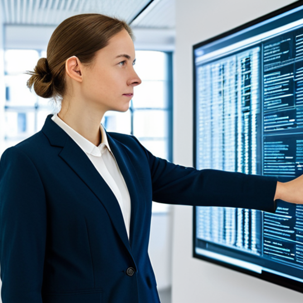 A thoughtful female software architect, mid-30s, of German descent, in a modest business suit, standing in a modern, clean, well-lit tech office environment. She is observing large, transparent digital screens displaying elegant code structures, logical flowcharts, and abstract data visualizations that seamlessly transition into robust, interlocking data blocks, symbolizing secure digital chains. Her pose is natural, with a focused, intelligent expression, one hand lightly gesturing towards the display. perfect anatomy, correct proportions, natural pose, well-formed hands, proper finger count, natural body proportions, professional photography, high-resolution, sharp focus, clean lines, subtle futuristic elements, fully clothed, modest clothing, appropriate attire, professional dress, safe for work, appropriate content, family-friendly.