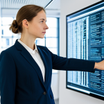 A thoughtful female software architect, mid-30s, of German descent, in a modest business suit, standing in a modern, clean, well-lit tech office environment. She is observing large, transparent digital screens displaying elegant code structures, logical flowcharts, and abstract data visualizations that seamlessly transition into robust, interlocking data blocks, symbolizing secure digital chains. Her pose is natural, with a focused, intelligent expression, one hand lightly gesturing towards the display. perfect anatomy, correct proportions, natural pose, well-formed hands, proper finger count, natural body proportions, professional photography, high-resolution, sharp focus, clean lines, subtle futuristic elements, fully clothed, modest clothing, appropriate attire, professional dress, safe for work, appropriate content, family-friendly.