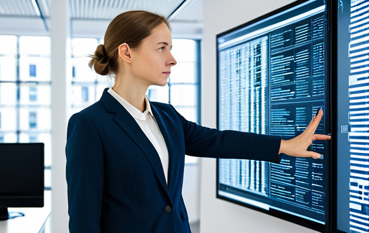 A thoughtful female software architect, mid-30s, of German descent, in a modest business suit, standing in a modern, clean, well-lit tech office environment. She is observing large, transparent digital screens displaying elegant code structures, logical flowcharts, and abstract data visualizations that seamlessly transition into robust, interlocking data blocks, symbolizing secure digital chains. Her pose is natural, with a focused, intelligent expression, one hand lightly gesturing towards the display. perfect anatomy, correct proportions, natural pose, well-formed hands, proper finger count, natural body proportions, professional photography, high-resolution, sharp focus, clean lines, subtle futuristic elements, fully clothed, modest clothing, appropriate attire, professional dress, safe for work, appropriate content, family-friendly.