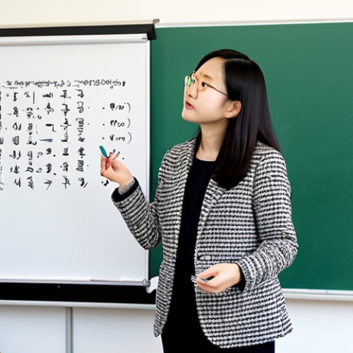 Home 22 Aspiration in Korean**
"A linguistics professor, mid-thirties, giving a lecture on Korean phonology in a modern university classroom in Berlin, Germany. The whiteboard displays Korean characters illustrating aspiration differences (종이 vs. 종자). She wears a professional, fully clothed outfit: a tweed blazer and a modest blouse. Students are attentively taking notes. Safe for work, appropriate content, professional, perfect anatomy, correct proportions, well-formed hands, proper finger count, natural pose, family-friendly, high-quality, educational setting."
**