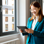 **

A young woman in a professional, modest outfit (skirt and blouse or trousers and a blazer) is happily studying Korean with Duolingo on her tablet in a bright, modern Berlin apartment, fully clothed, appropriate content, safe for work, perfect anatomy, natural proportions, family-friendly, professional. Sunlight streams through the window. A German flag is subtly visible.

**