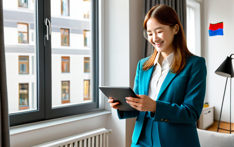 **

A young woman in a professional, modest outfit (skirt and blouse or trousers and a blazer) is happily studying Korean with Duolingo on her tablet in a bright, modern Berlin apartment, fully clothed, appropriate content, safe for work, perfect anatomy, natural proportions, family-friendly, professional. Sunlight streams through the window. A German flag is subtly visible.

**