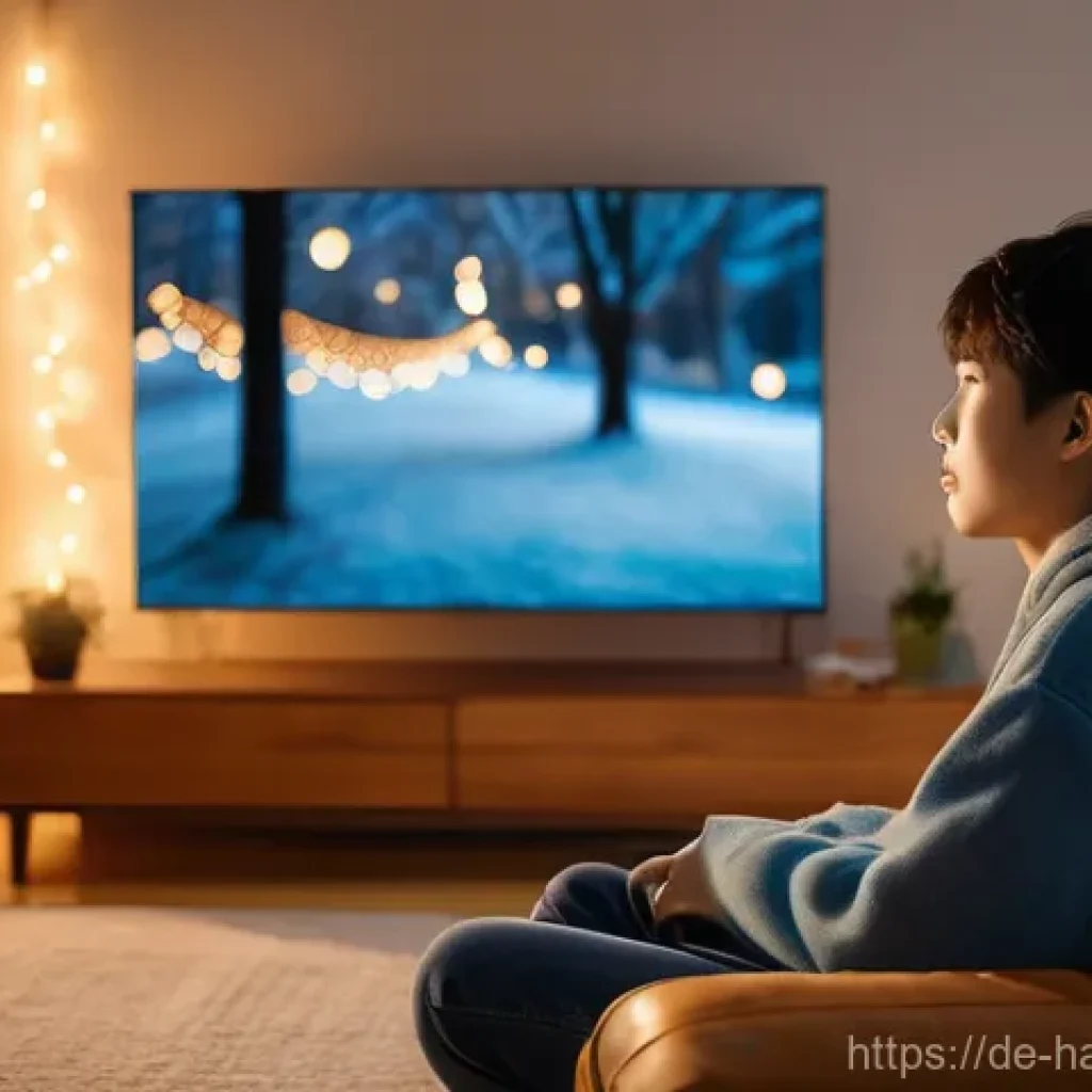 한글과 한국 영화 자막 - A warm, inviting living room bathed in soft, natural light. A young adult, dressed in comfortable ca...