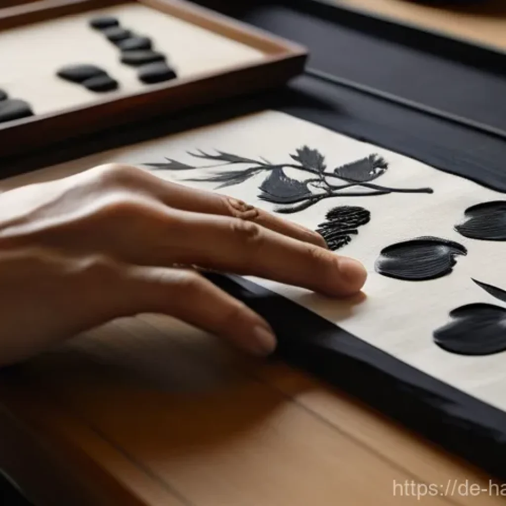 한글 서예 작품 감상 - A serene and focused close-up on the hands of an adult, engaged in the meditative act of rubbing an ...