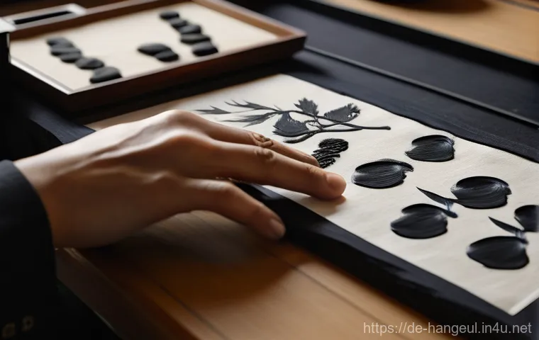 한글 서예 작품 감상 - A serene and focused close-up on the hands of an adult, engaged in the meditative act of rubbing an ...