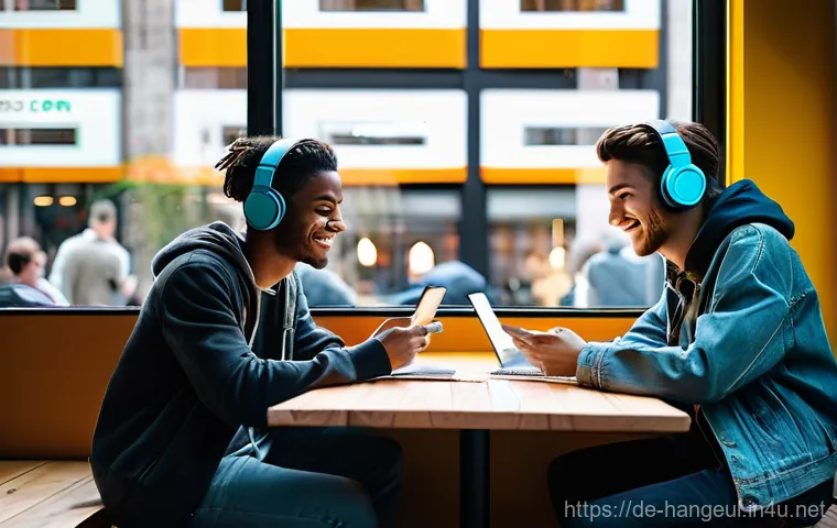 한글과 외국어의 조합 - **Prompt:** A dynamic, brightly lit scene inside a modern, bustling cafe in a vibrant German city li...