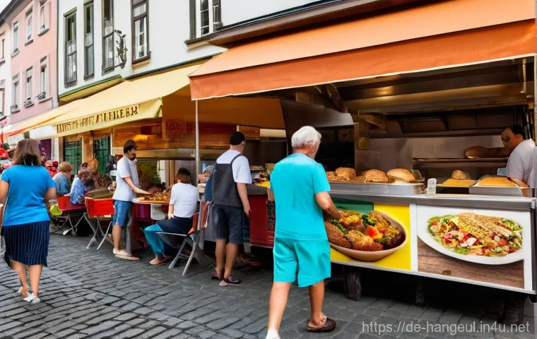 한글과 외국어의 조합 - **Prompt:** A dynamic, brightly lit scene inside a modern, bustling cafe in a vibrant German city li...