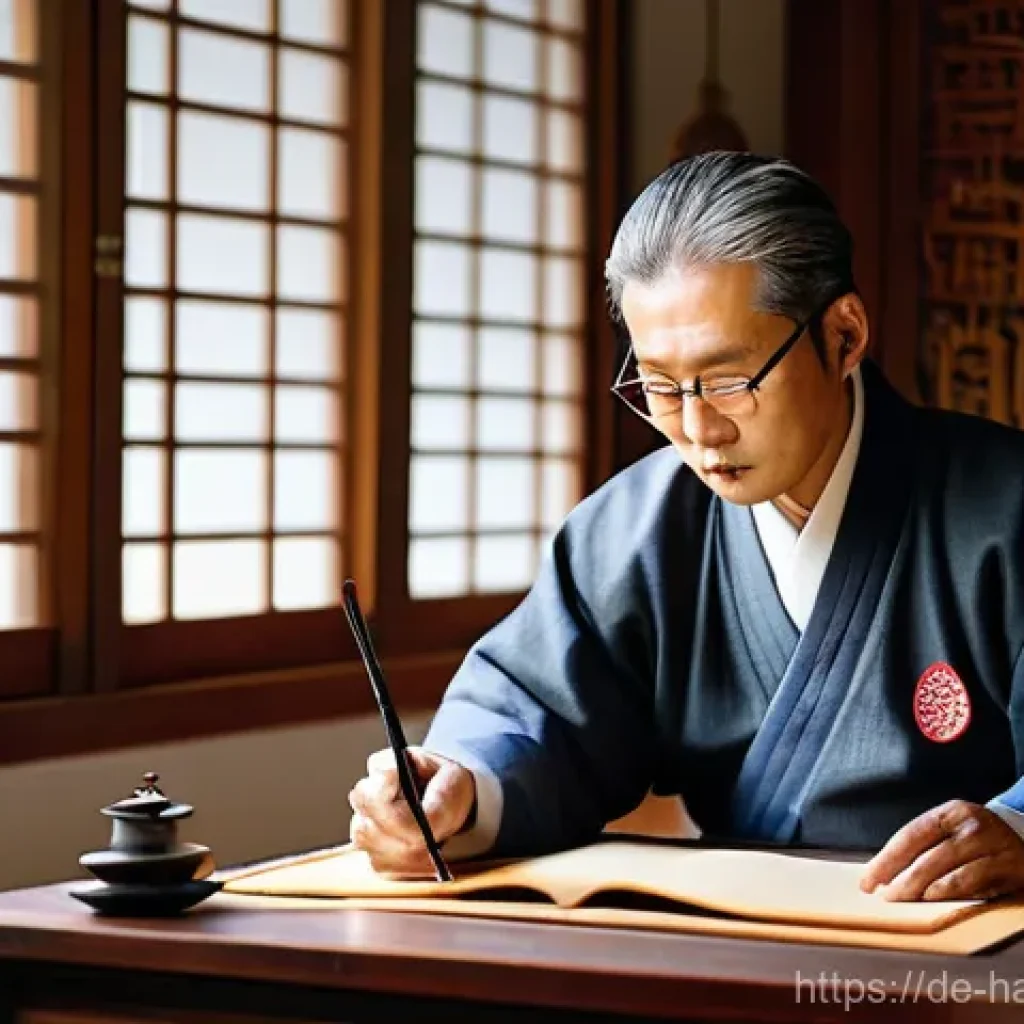 한글 서예의 역사 - **Prompt: "A serene, indoor scene depicting a focused, elderly Korean scholar. The scholar, dressed ...