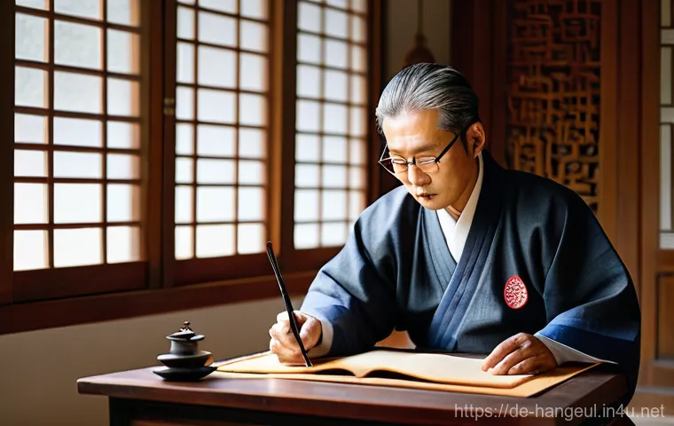 한글 서예의 역사 - **Prompt: "A serene, indoor scene depicting a focused, elderly Korean scholar. The scholar, dressed ...