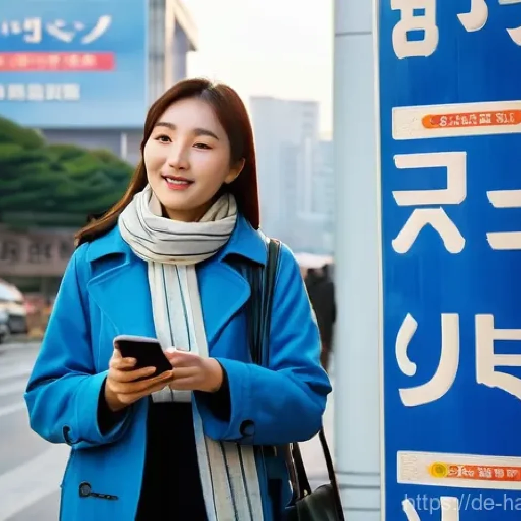 한글의 국제 표기법 - **Prompt:** A bustling street scene in Seoul, South Korea, during the late afternoon. The focus is o...