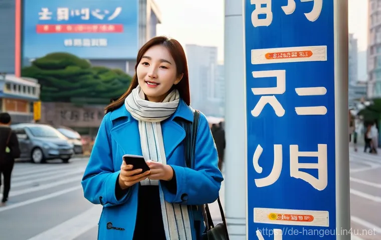 한글의 국제 표기법 - **Prompt:** A bustling street scene in Seoul, South Korea, during the late afternoon. The focus is o...