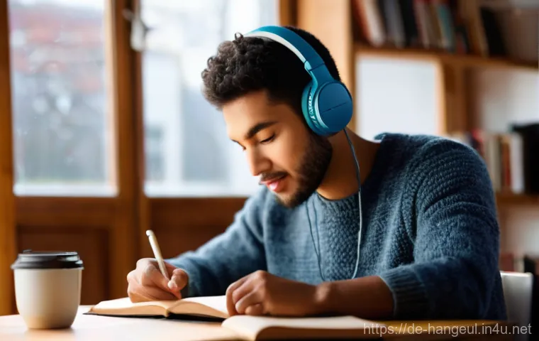 한글과 외국인의 발음 오류 - **Individual Language Practice:** A young adult, 20-30 years old, of diverse ethnicity, fully clothe...