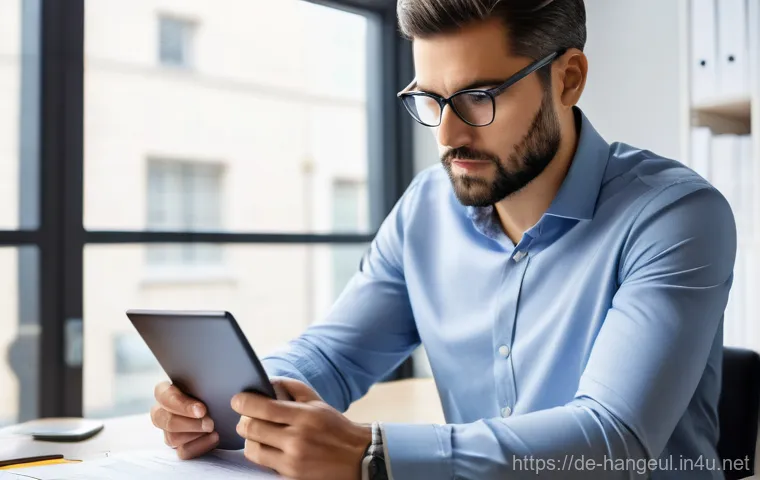 한글 문서 이미지 삽입 - **Prompt:** A close-up, high-angle shot of hands (gender-neutral) expertly navigating a sleek comput...