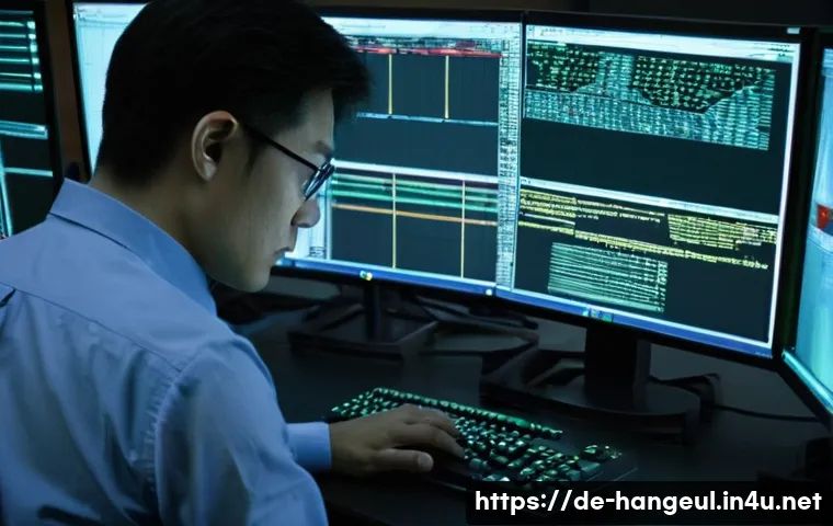 한글과 디지털 포렌식 - **Prompt:** "A focused, male German digital forensic expert in his late 30s, wearing a crisp blue bu...