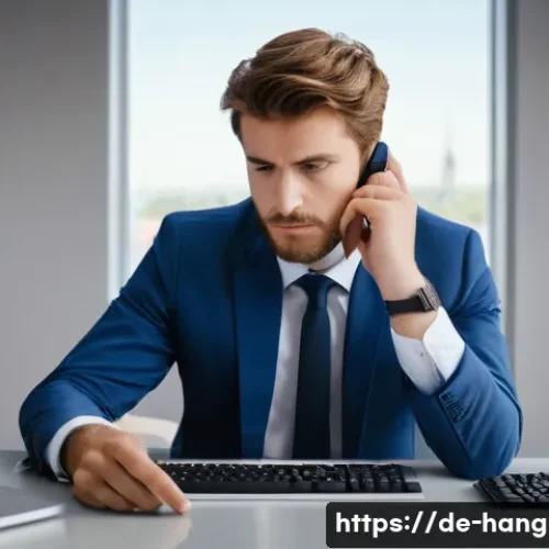 스마트폰 한글 키보드 추천 - **Prompt:** A young German professional, looking mildly frustrated, sits at a modern, clean desk in ...