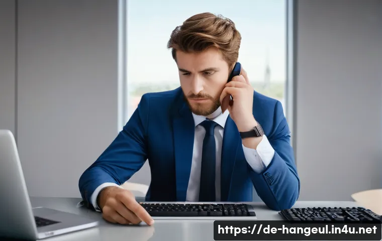 스마트폰 한글 키보드 추천 - **Prompt:** A young German professional, looking mildly frustrated, sits at a modern, clean desk in ...