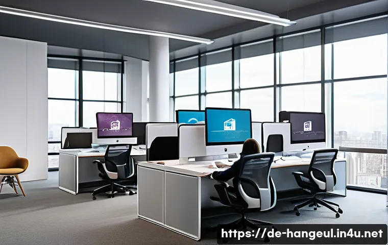 한글 문서 파일 형식 - A modern office workspace showing a diverse group of professionals collaborating on a document using...