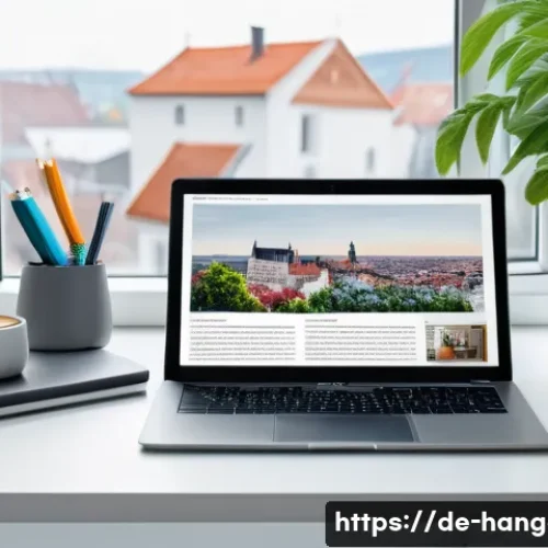 Home 31 한글과 출판 시장 변화 - A modern digital author’s workspace in a cozy, well-lit German home office featuring multiple screen...