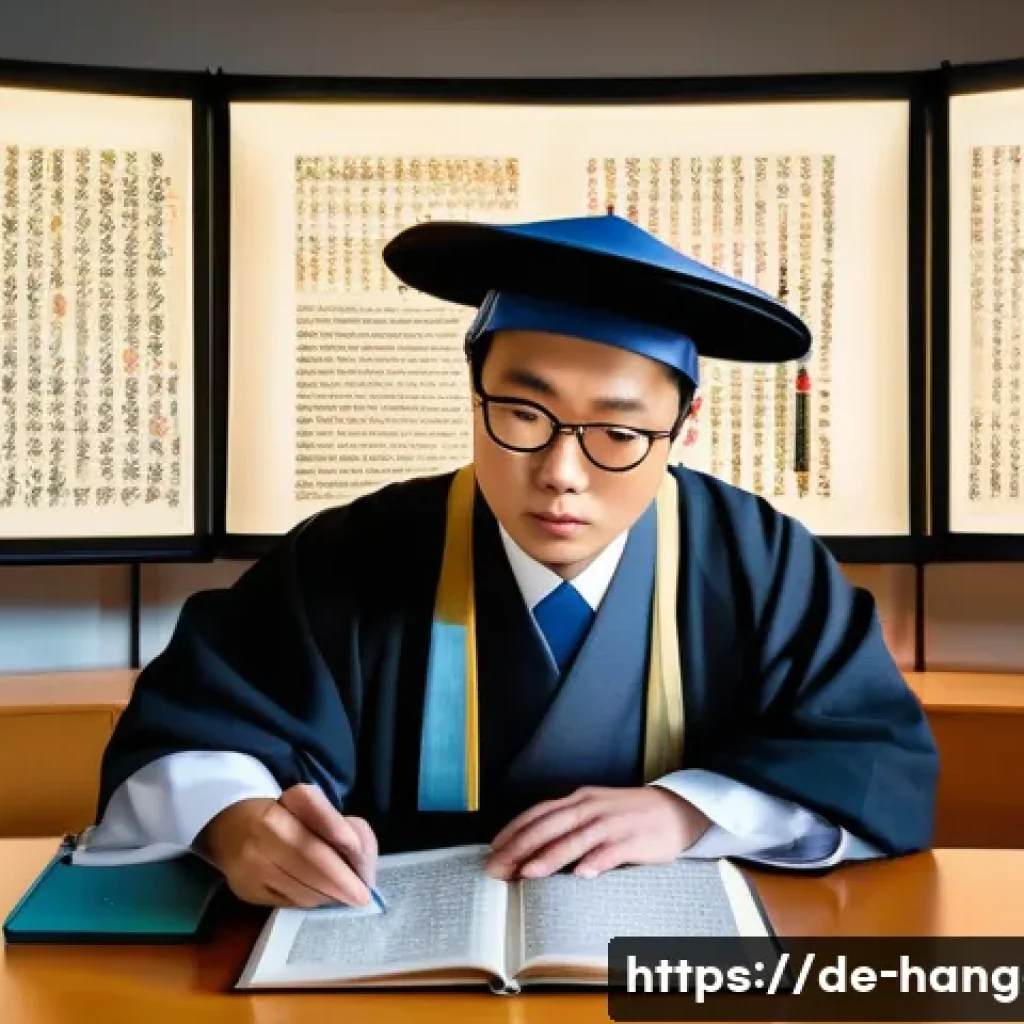 한글과 학술 연구소 - A detailed illustration of a traditional Korean scholar studying ancient Hanja manuscripts in a mode...