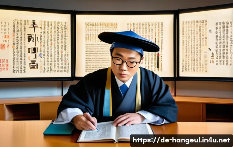 한글과 학술 연구소 - A detailed illustration of a traditional Korean scholar studying ancient Hanja manuscripts in a mode...