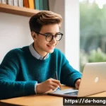 Home 23 한글 빠른 습득법 - A cozy modern home study scene showing a young adult with light skin and short brown hair sitting at...