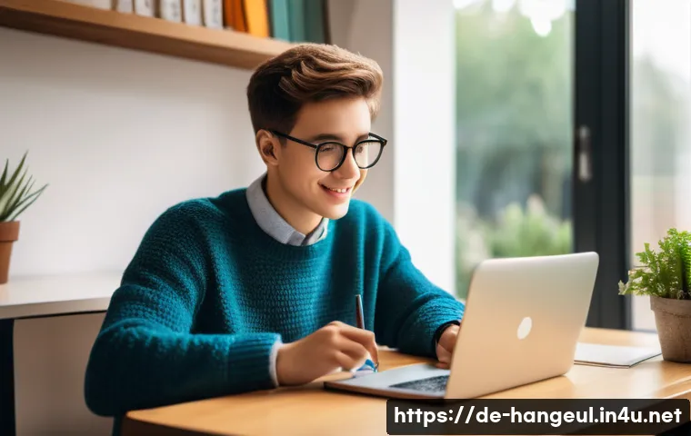 한글 빠른 습득법 - A cozy modern home study scene showing a young adult with light skin and short brown hair sitting at...