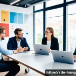한글과 브랜드 슬로건 - A modern German marketing office scene showing a diverse team of professionals brainstorming slogans...