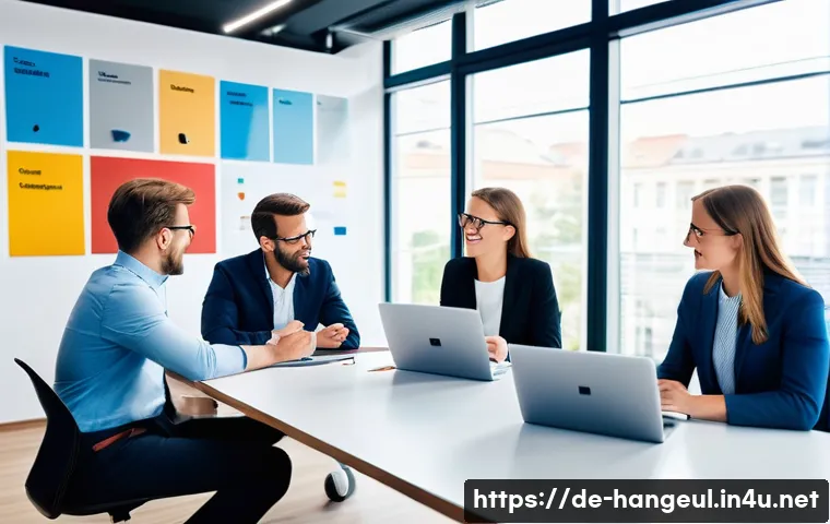 한글과 브랜드 슬로건 - A modern German marketing office scene showing a diverse team of professionals brainstorming slogans...