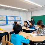 한글을 활용한 교육 콘텐츠 - A vibrant German classroom scene featuring diverse middle school students engaged in learning Hangul...