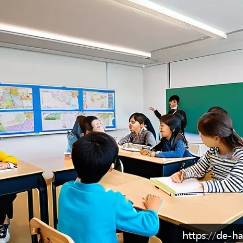 한글을 활용한 교육 콘텐츠 - A vibrant German classroom scene featuring diverse middle school students engaged in learning Hangul...