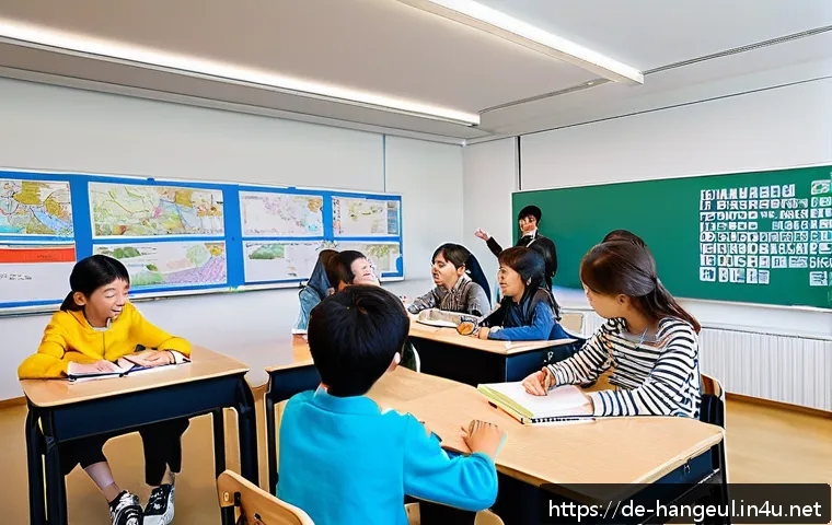 한글을 활용한 교육 콘텐츠 - A vibrant German classroom scene featuring diverse middle school students engaged in learning Hangul...