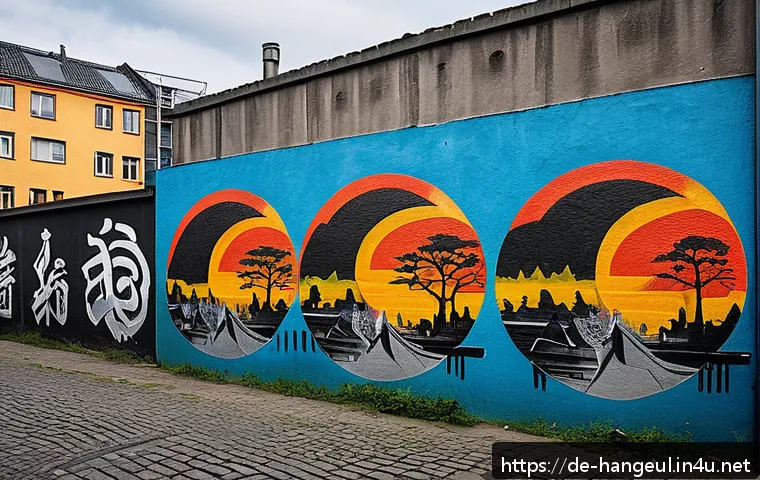 한글과 문화 예술 - A vibrant urban street art mural in Berlin’s Kreuzberg district featuring large, colorful Hangul cha...