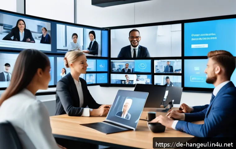한글 인공지능 번역 - A modern office setting showing a diverse group of international business professionals engaged in a...