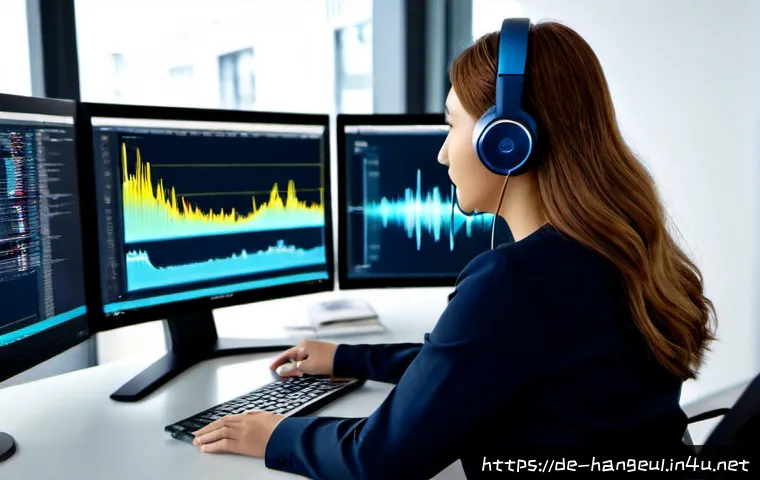 Home 17 한글과 음성 데이터 처리 - Photorealistic modern German office scene, a linguist wearing headphones reviewing Korean speech rec...