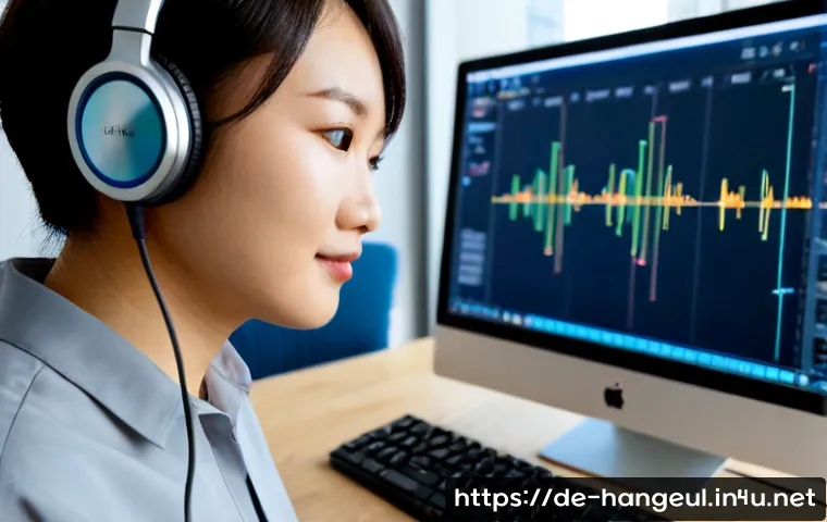 한글과 인공지능 음성 합성 - Photorealistic close-up of a Korean language tutor in a modern German home office, wearing headphone...