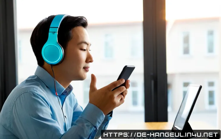 한글 노래의 발음 특성 - Photorealistic scene of a German adult language learner in a bright Berlin apartment, wearing headph...