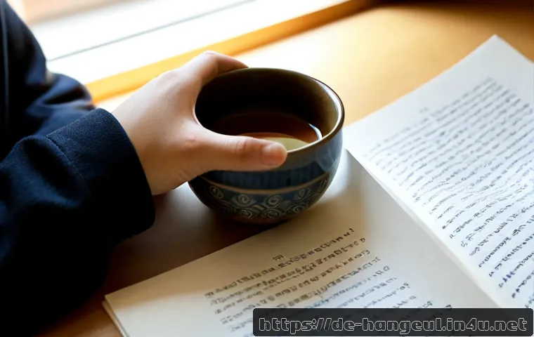 한글 시조의 특징 - Photorealistic close-up of a German literature student studying Korean sijo poetry in a quiet Berlin...